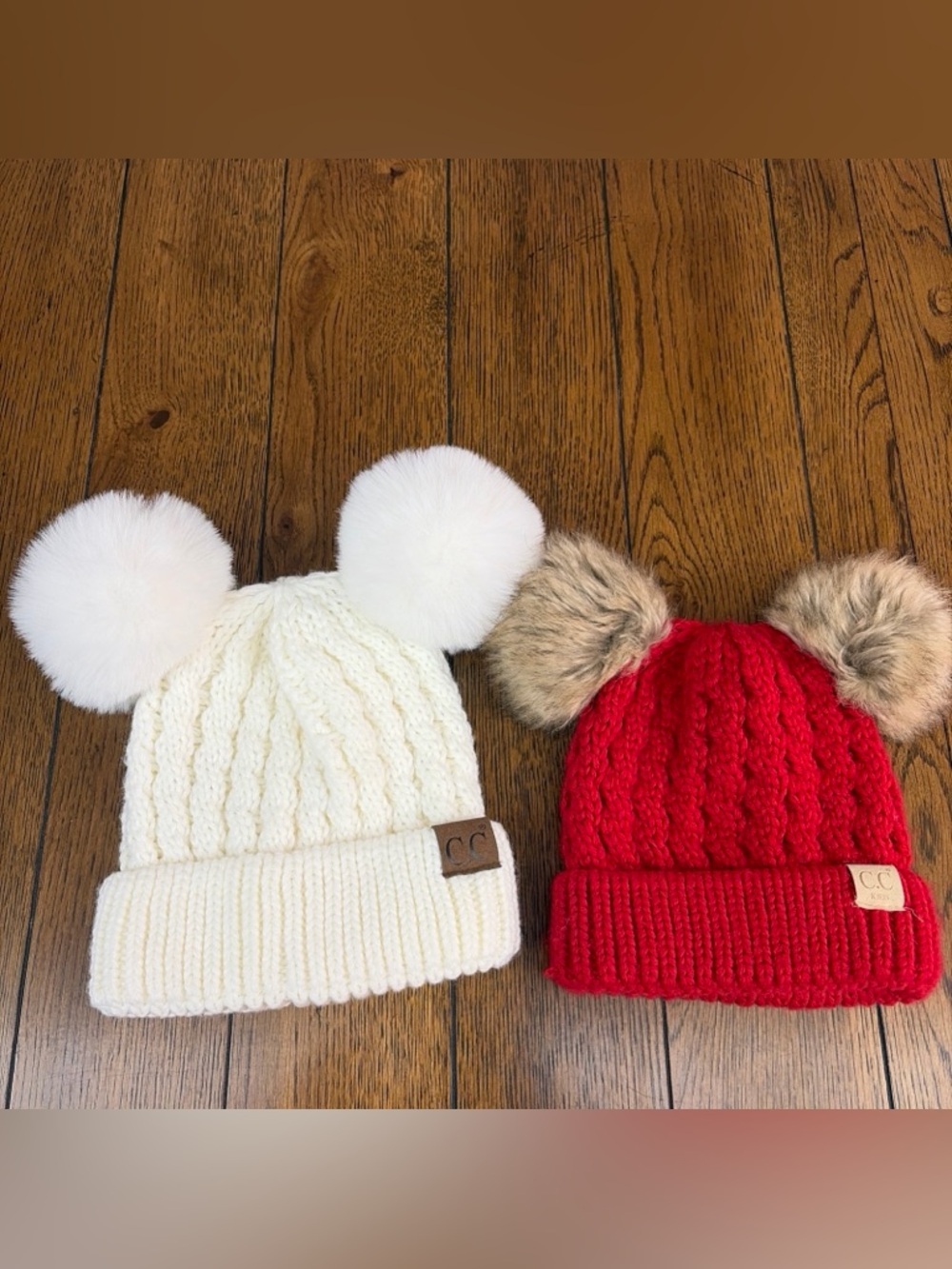 C.C Exclusive Double Pom Pom Ribbed Knit Winter Warm Beanie Adult And Child Set